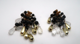 Vintage Gold Black Faux Crystal Dangle Earrings 6.8cm - £15.59 GBP