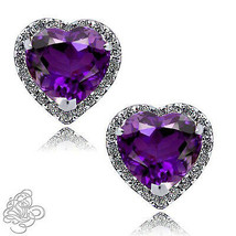 2.89 Ct Halo Heart Amethyst Stud Earrings 14K W Gold Plated Over Silver Sapphire - £34.88 GBP