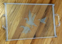 Vtg Vanity Dresser Tray Ornate Retro Plastic Handles Frosted Glass Flying Ducks - £38.66 GBP