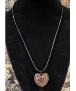 Heart Pendant Cord  Necklace Iridescent Black Glass Heart With Bronze Swirl - $11.88
