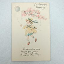 Antique Happy Birthday Children Postcard Little Girl Balloon Cherry Blossom Poem - £7.85 GBP