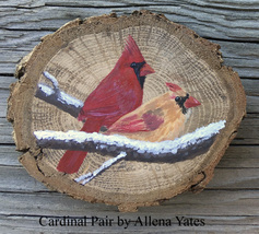 Cardinal Pair wood slice magnet/ornament hand-painted to-order - $65.00