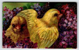 Easter Postcard Colorful Baby Chicks Purple Embossed Flowers Gel Germany 1911 - £12.21 GBP