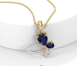 1CT Pear Cut CZ Sapphire Butterfly Woman&#39;s Pendant 14K Yellow Gold Silver Plated - £95.91 GBP