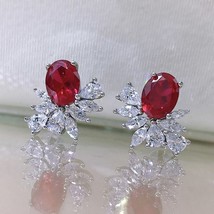 100% 925 Sterling Silver 6*8Oval Sapphire Ruby Ice Flower Cut Stud Earrings For  - £38.90 GBP