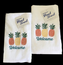 Pineapple Welcome Hand Towels Embroidered Bath Set of 2 Summer Beach House - £28.88 GBP