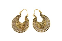 Gold Indian Tribe Earrings, Brass Hoops with Floral Design, Ethnic Jewelry - £12.51 GBP
