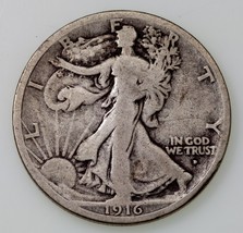1916-D 50C Walking Liberty Half Dollar in Very Good VG Condition, Natural Color - £70.05 GBP