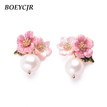 BOEYCJR  Elegant Enamel Flower Simulated Pearl Stud Earrings Handmade Fashion Je - £7.51 GBP