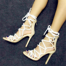 Handmade New arrival Ribbon Lace Up Women Ankle Boots Sexy High Heel Open Toe Cu - £249.98 GBP