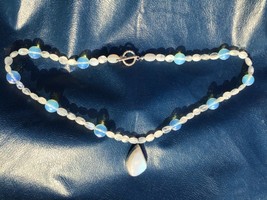 Sterling Moonstone Drop Pendant On Moonstone And Opaline Glass Bead Necklace - $79.48