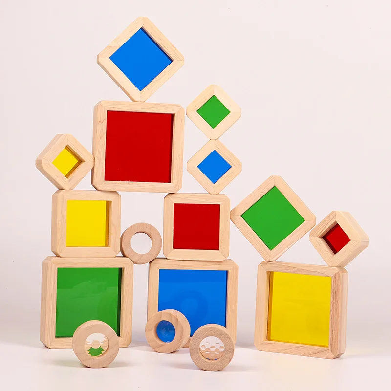 Rainbow Translucent Acrylic Building Blocks Wooden Stacking Toys Kaleidoscope - £41.83 GBP