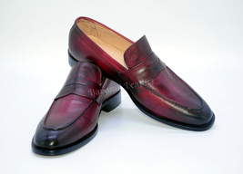Handmade Leather Burgundy Patina Loafers Shoes Leather Dress Shoes for Men - $169.99+