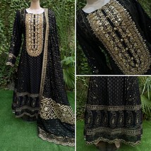 Pakistani Black Fancy  Chiffon long Dress with embroidery, Squins work,L - $143.55