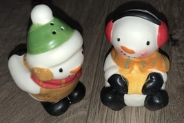 Snowmen Salt and Pepper Shakers with Red earmuff and Green Beannie Leaning In - £3.75 GBP