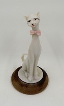 Capodimonte Miniature Cat Long Neck Bowtie Hand Painted Wooden Base - $19.99