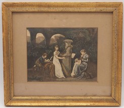 Vintage Framed Lithograph Print of Woman Playing Harp Child Writing Mother Baby - £96.38 GBP