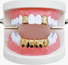 14K Gold Plated 2 Front Caps Grillz Teeth &amp; 1 Lower Bottom Grillz 3pc Se... - £15.78 GBP