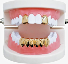 14K Gold Plated 2 Front Caps Grillz Teeth &amp; 1 Lower Bottom Grillz 3pc Se... - £15.56 GBP