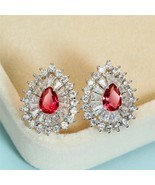 2.50Ct Pear Cut CZ Red Ruby  Women's Stud Earrings 14K White Gold Plated Silver - £106.51 GBP