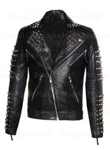 New Men&#39;s Black Silver Studded Brando Style Cowhide Biker Leather Jacket-1070 - £238.93 GBP