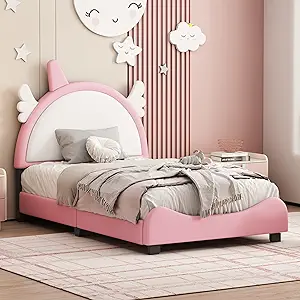 Twin Kids Bed With Unicorn Shape Headboard, Cute Upholstered Princess Be... - $353.99