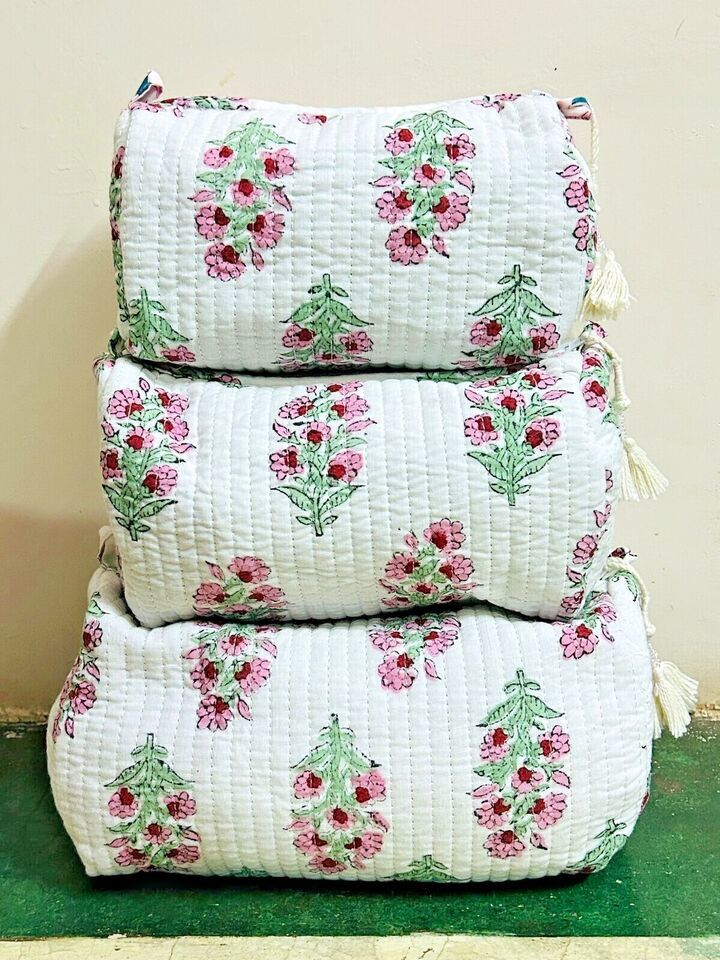 3pcs Indian Cotton Quilted One Zipper Toiletry Bags Floral Women Makeup Bag Gift