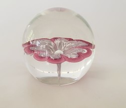 Murano Clear Paperweight with Encased Pink &amp; White Flower Floral Art Glass - $39.95