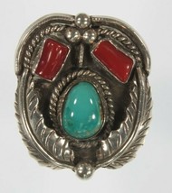 Vintage Navajo Sterling Silver Turquoise &amp; Coral Ring Sz: 6.50 - £81.39 GBP