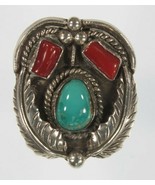 Vintage Navajo Sterling Silver Turquoise &amp; Coral Ring Sz: 6.50 - $103.94