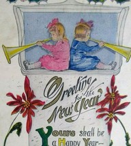 New Years Postcard 1916 Artist H B Spencer Children Blowing Horns Dubuque Iowa - £34.47 GBP