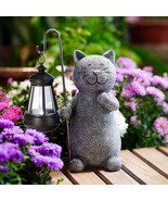 Solar Garden Statue Cat Figurine Garden Art with Solar Lantern Loving Ca... - £40.01 GBP