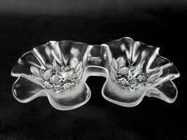 Free Form Art Glass Double Bowl for Candy, Nuts, Condiments, Relish, Clear/Frost - £10.14 GBP