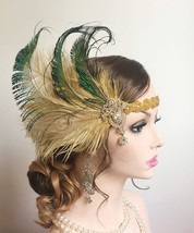 Bridal 1920s Flapper Feather Headband with Crystal Beaded Head Chain Peacock Fea - $35.08