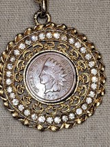 1906 Indian Head Penny Rhinestone Pendant Gold Tone 24&quot; Necklace Vintage 60&#39;s - £29.59 GBP