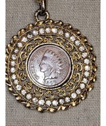 1906 Indian Head Penny Rhinestone Pendant Gold Tone 24&quot; Necklace Vintage... - £29.68 GBP