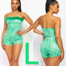 Green Fur Detailed Crocodile &amp; Snakeskin Fabric Romper~ Size L - £25.00 GBP