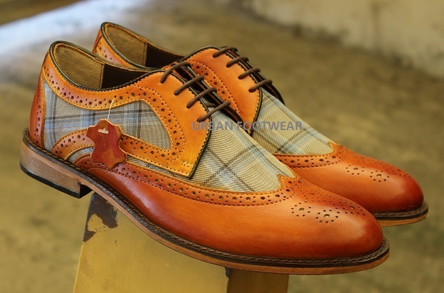 Men's Handmade Shoes Tan Brown Leather With Check Print cloth Lace Up Wing Tip