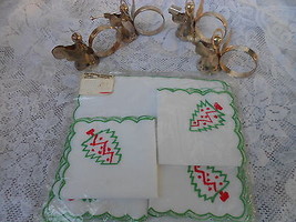 HOLIDAY SILVER NAPKIN HOLDERS AND VINTAGE PHILIPPINE HANDICRAFTS NAPKINS  - $9.99