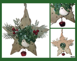 Rustic Wood Star Ornament With Dove Holly Berries &amp; Jingle Bell 6&quot; - £14.72 GBP