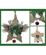 Rustic Wood Star Ornament With Dove Holly Berries &amp; Jingle Bell 6&quot; - £15.02 GBP