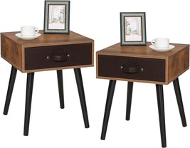 Iwell Mid-Century Nightstand Set Of 2, End Table With Drawer,, Rustic Brown - £46.73 GBP