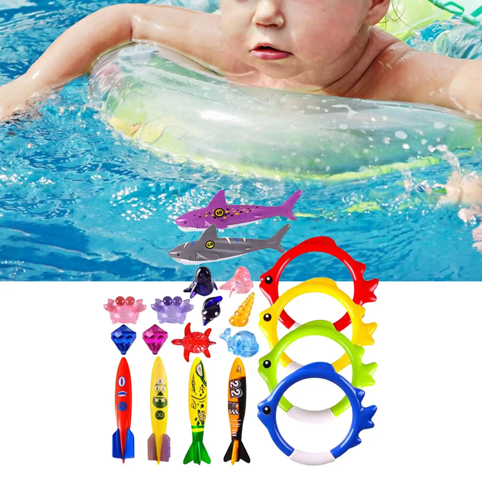 20Pcs Underwater Swimming Pool Toys Shark Rings Diving Toys Fun Swim Games - £17.68 GBP