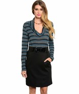 247 Frenzy Women&#39;s Black &amp; Teal Stripe Belted Cowl Neck Dress Small - £13.42 GBP