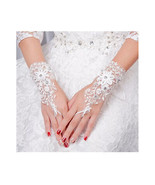 Embroidered Satin &amp; Lace Bridal Gloves White Floral Lace Gloves studded ... - £17.36 GBP