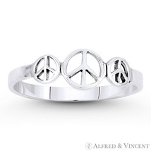 Peace Sign 3-Charm Hippie Symbol .925 Sterling Silver Stackable Right-Hand Ring - £12.80 GBP