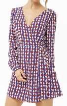 F21 Blue Geo Print Mini Woven Wrap Dress Size Medium - £19.77 GBP