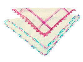 Lot of Two (2) Patterned Woven Striped Handkerchiefs Crochet Lace Edged Hem Whot - £10.92 GBP