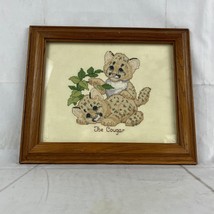 Vintage Framed Cross Stitch The Cougar Cubs 12.5&quot; x 10.5&quot; Finished - £12.01 GBP