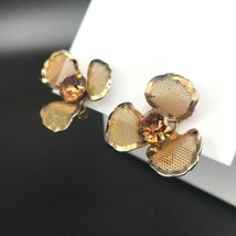 Vintage Mesh and Chaton Earrings, Gold Tone with Smokey Topaz Crystal Stone - £25.11 GBP